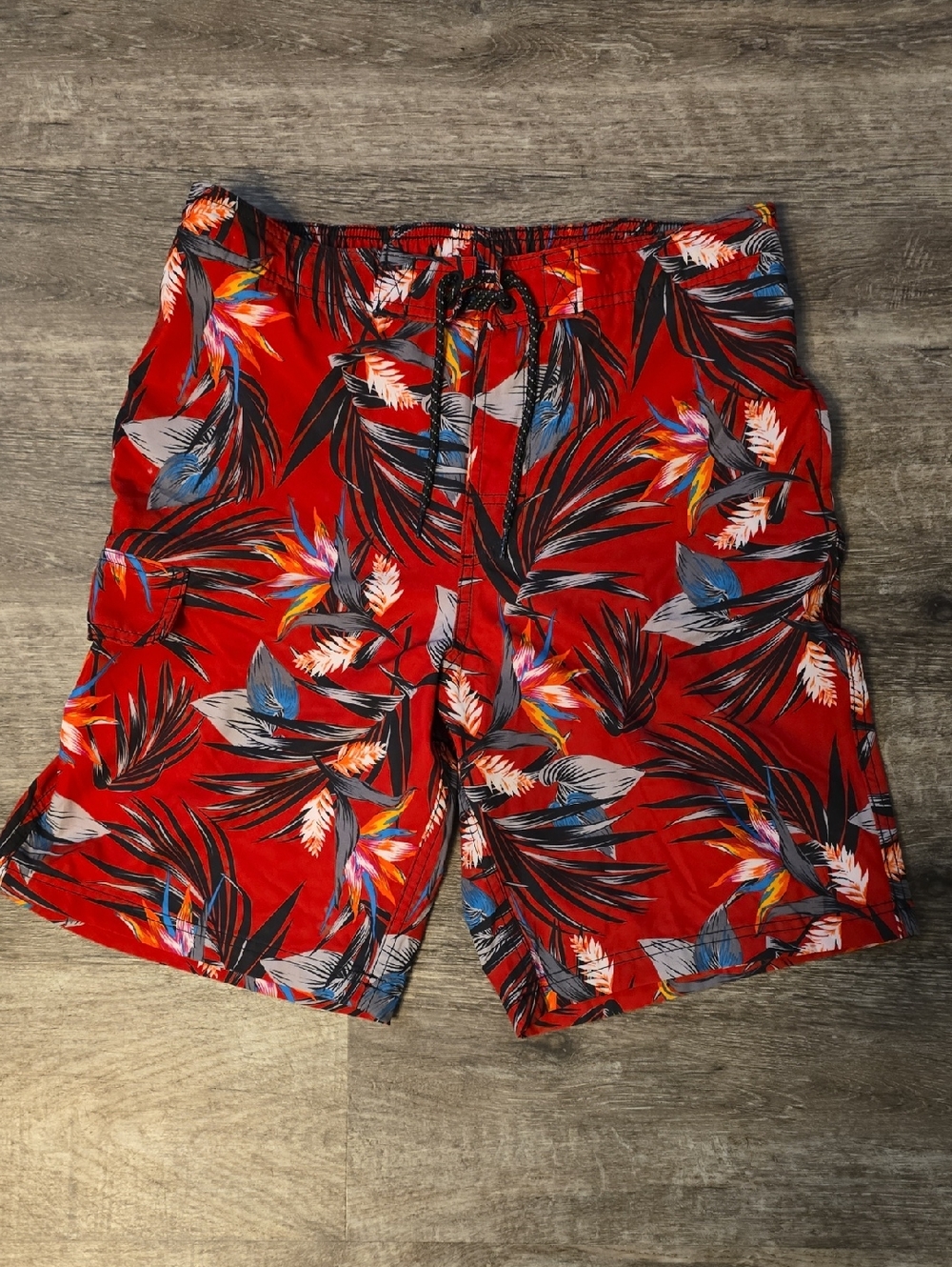 George Red Tropical Leaf Print Swim Trunks